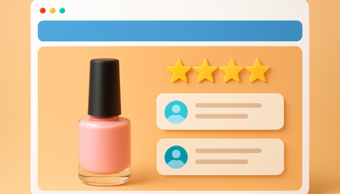 Vibrant e-commerce page for Nailsea business: central product image with bold star ratings and glowing customer reviews.