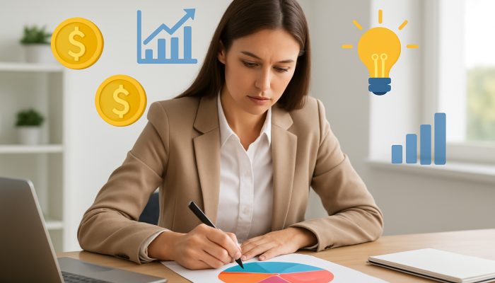 Helping Young Workers Map Their First Debts: Essential Tips | DCL Young professional mapping debts on colourful chart with coins, graphs, and lightbulb icons.