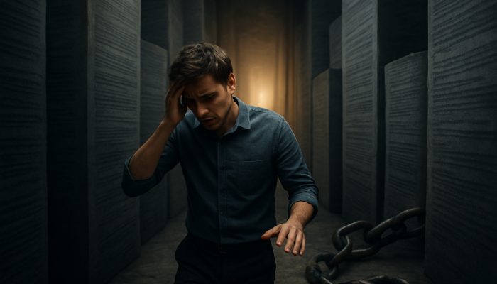 Helping Young Workers Map Their First Debts: Essential Tips | DCL Young worker stressed in debt maze, surrounded by towering documents and broken chains, reaching for light of financial knowledge.