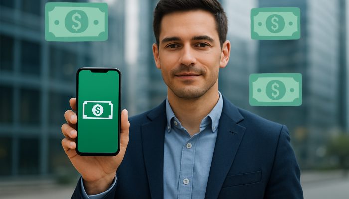 Loan Options Without Asset Security: Key Alternatives | DCL Confident person using smartphone with loan app, surrounded by digital cash icons, representing unsecured loans in an urban context.