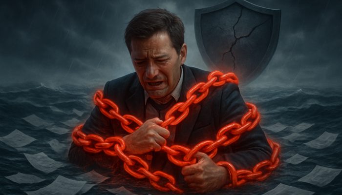 Loan Options Without Asset Security: Key Alternatives | DCL Stressed borrower caught in red interest rate chains, struggling amid unpaid bills with a damaged credit shield.