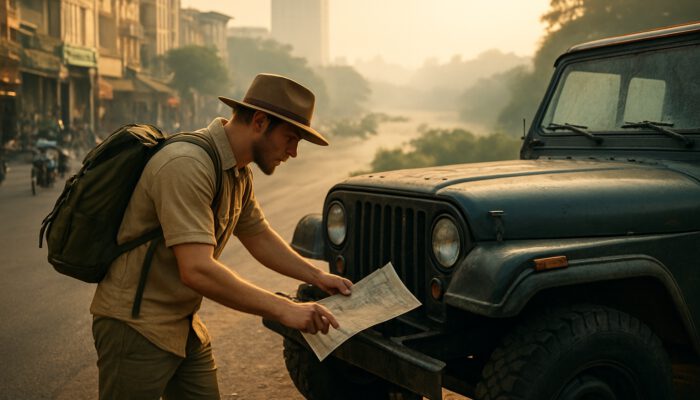 Traveler checking rugged jeep tires and map in Ho Chi Minh City at dawn, with misty Mekong Delta in background.