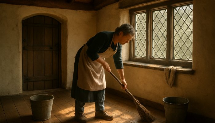 Tenant cleaning thatched cottage in Odcombe with brooms, buckets, and sunlight.