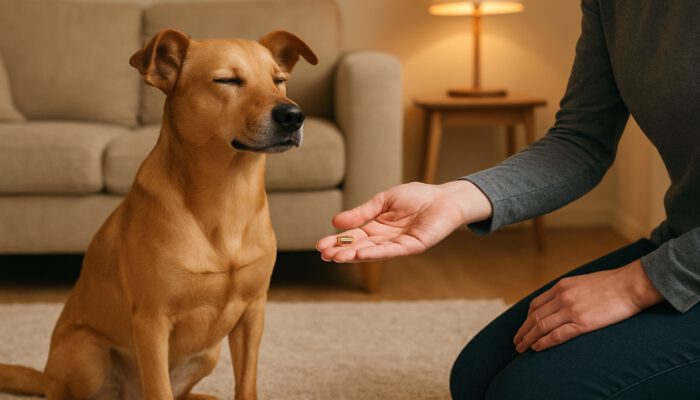 Dog ignoring doorbell in cozy home, trainer offering treat for calm behavior during bark training.