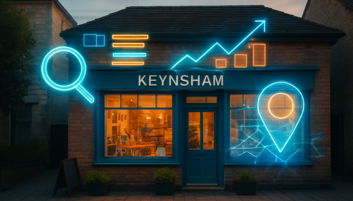 Vibrant Keynsham storefront with glowing SEO overlays: keywords, search rankings, and Google maps.