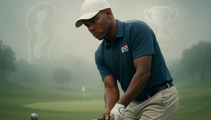 South African golfer visualizing pitch shot on misty course with ethereal hole overlays.