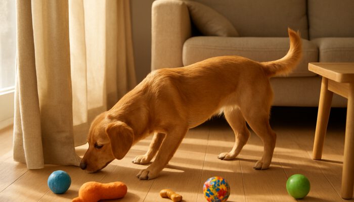 Playful dog sniffing hidden treats in a sunlit living room, surrounded by scattered toys.