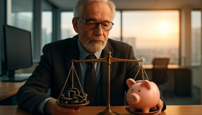 Balancing Debt and Pension Income: Key Strategies | DCL Wise individual in UK office balancing debt chains and pension piggy banks for secure retirement.