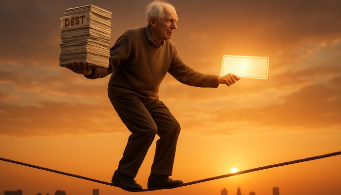 Balancing Debt and Pension Income: Key Strategies | DCL Elderly person balancing debt bills and pension check on tightrope at sunset.