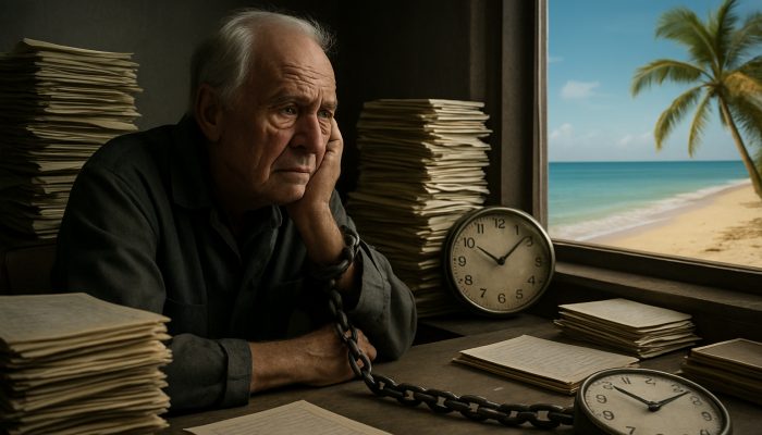 Balancing Debt and Pension Income: Key Strategies | DCL Elderly worker chained to desk of debt bills and clocks, gazing at distant sunlit beach retirement.