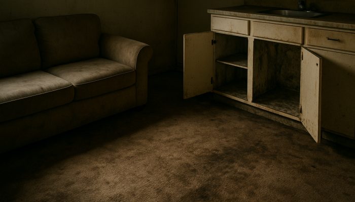Dimly lit rental apartment with dust behind sofa, moldy cupboards, and stained carpets awaiting inspection.