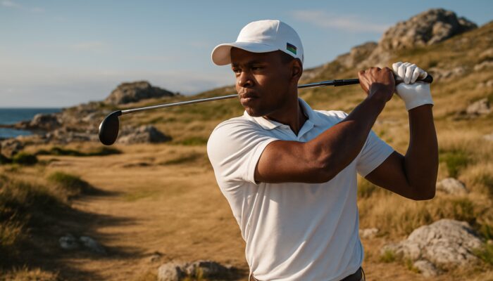 South African golfer gripping club with precise finger pressure on rugged, coastal fairway.