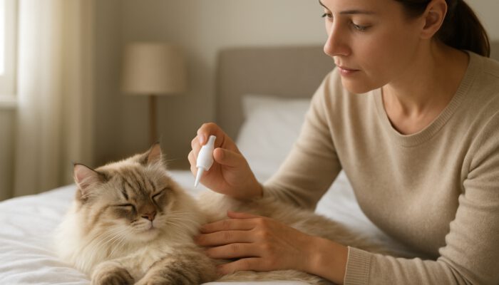 Fluffy cat recovering on clean bedding, with owner gently administering medication in a safe home environment.