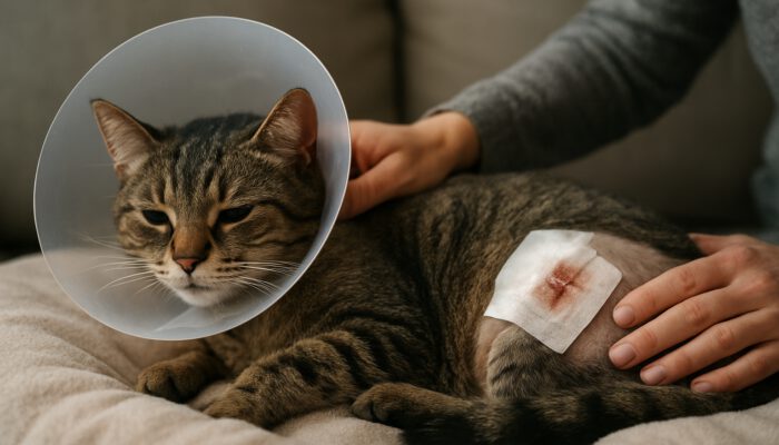 Cat recovering from spay surgery, wearing cone with infected incision, resting with owner.
