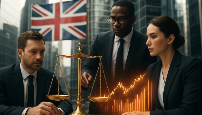 Ensuring Balances Report as Satisfied: Essential Tips | DCL Professionals in suits examining financial charts and scales under Union Jack in London's financial district.