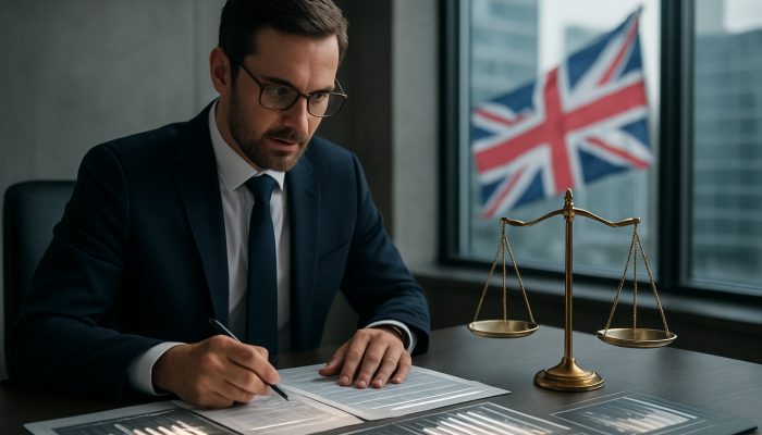 Ensuring Balances Report as Satisfied: Essential Tips | DCL Accountant reviewing balance sheets in modern London office, with golden scale and Union Jack symbolizing precision and compliance.