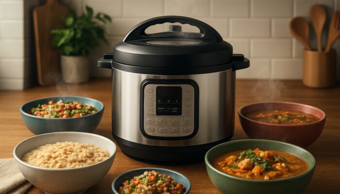 Instant Pot in vibrant kitchen surrounded by steaming oatmeal, quinoa salad, hearty soup, and curry.