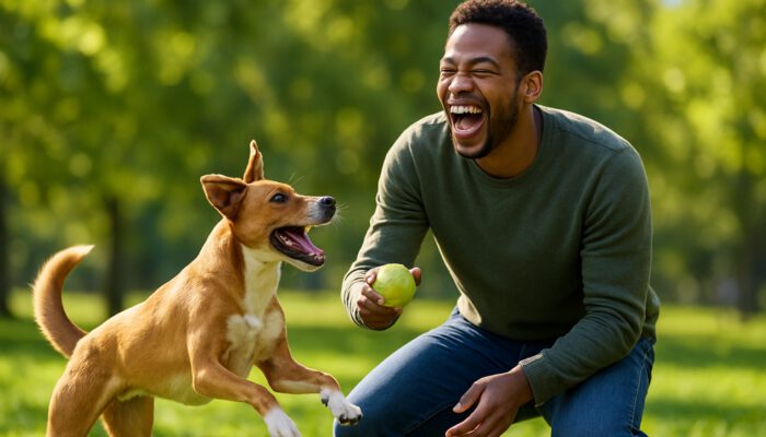 Joyful person laughing while playing fetch with energetic dog in sunny park.