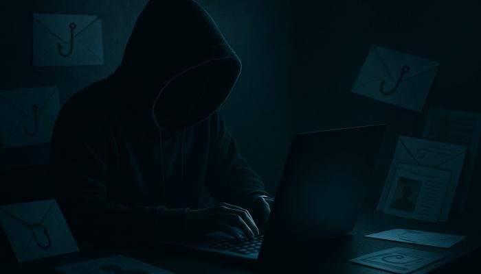 Reporting Fraud to Your Bank Quickly: Essential Tips | DCL Shadowy hacker transferring funds on computer, surrounded by phishing emails and forged documents, depicting UK fraud.