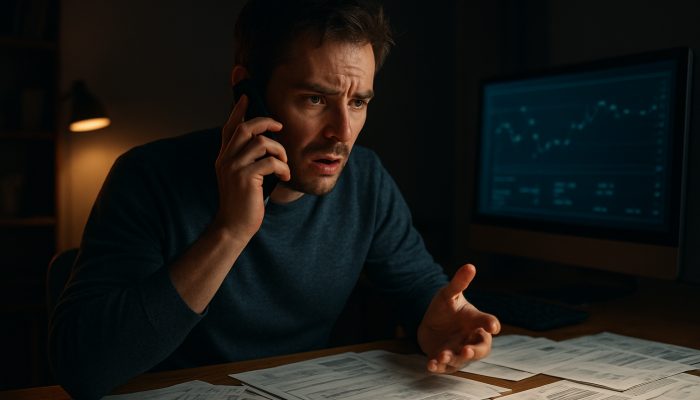 Reporting Fraud to Your Bank Quickly: Essential Tips | DCL Worried person dialing bank fraud hotline on smartphone, amid scattered documents and suspicious transactions on computer.
