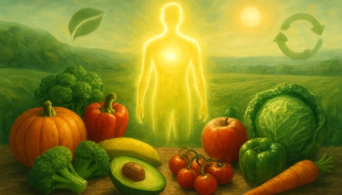 Vibrant still life of fresh fruits and vegetables on an earthy table, with a glowing vitality figure amid green fields and eco-symbols.