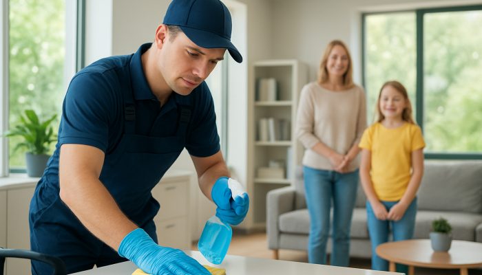Professional janitor in uniform cleaning sparkling office and home in Queen Camel with happy residents.