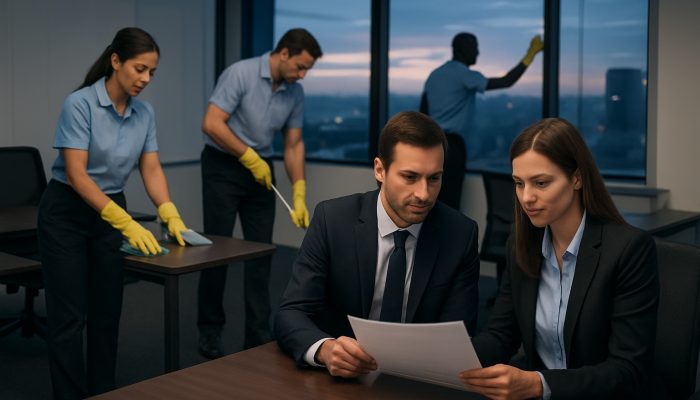 Professional janitorial team cleaning modern office at dusk, clients reviewing service agreements.