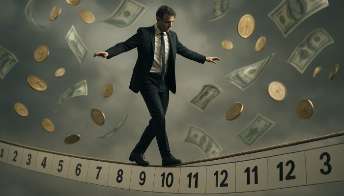 Tightrope walker balancing on calendar dates amid swirling coins and bills, symbolizing irregular pay challenges.