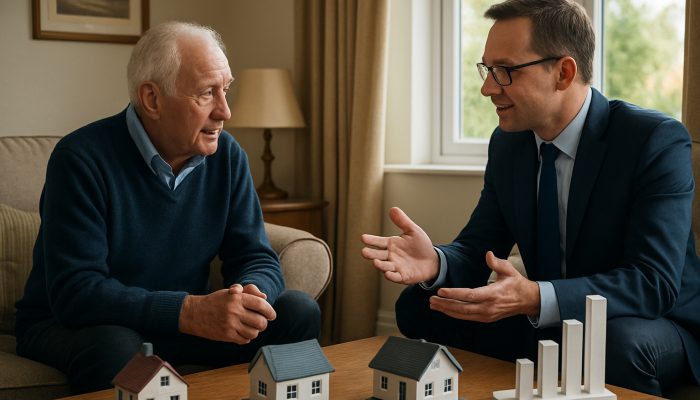 Using Free Advice Before Equity Release: Smart Choices | DCL Elderly UK homeowner consulting financial advisor on equity release in cozy living room with house models and charts.