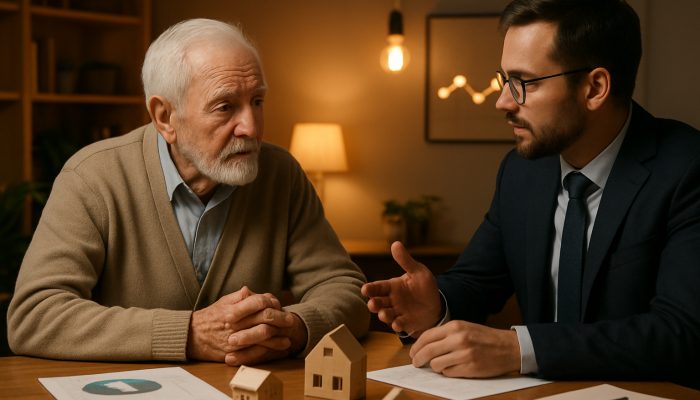 Using Free Advice Before Equity Release: Smart Choices | DCL Elderly person consulting financial advisor in cozy office with house models, charts, and light bulbs for equity release advice.