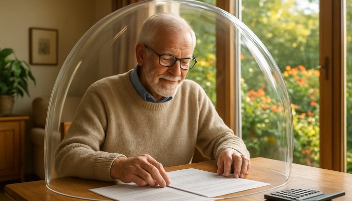 Using Free Advice Before Equity Release: Smart Choices | DCL Elderly homeowner reviewing financial documents in sunlit home, under protective shield with flourishing garden.