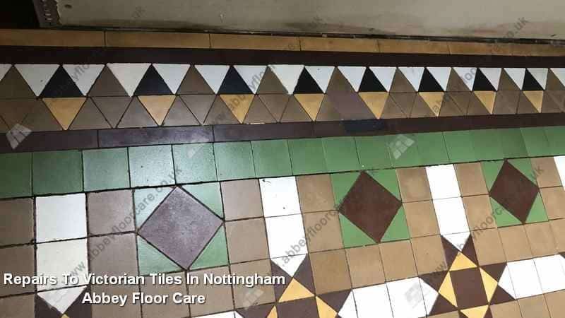 Completed Victorian tile repairs blended into the Nottingham hallway pattern