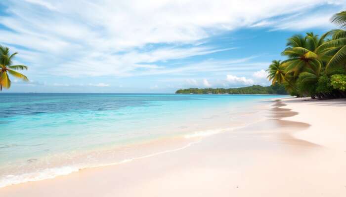 A serene Belizean beach at dawn: turquoise waters lapping white sand, swaying palm trees, and colorful fish in vibrant reefs.