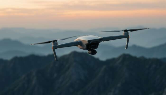 A sleek drone soars over rugged mountains at dusk, equipped with a high-resolution camera and GPS, capturing stable aerial footage.