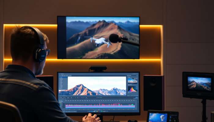 A professional editor in a modern studio uses Adobe Premiere Pro to color correct and stabilize aerial drone footage on a high-res screen.