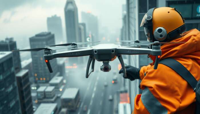 A drone expert in urban gear pilots a wind-resistant drone through a stormy cityscape, avoiding obstacles with advanced tools.