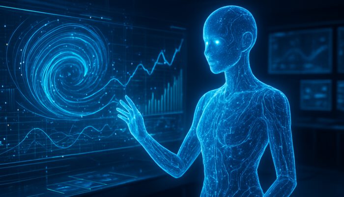 Futuristic AI assistant hologram analysing predictive data streams in high-tech command center.