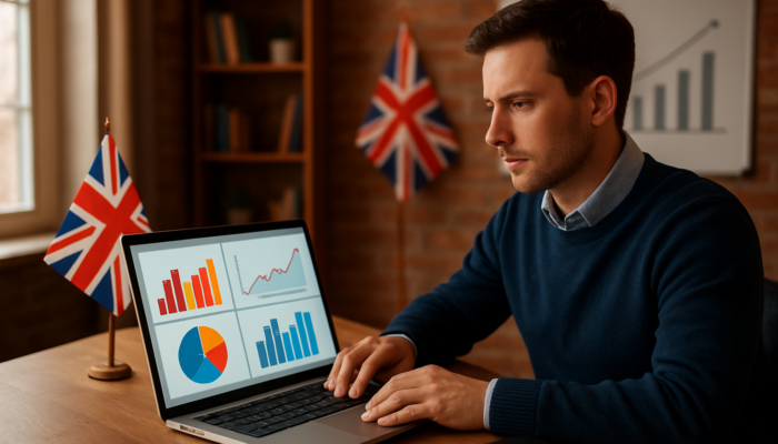 An entrepreneur analyzing social media engagement graphs and growth in a Blandford office, with UK flags present.