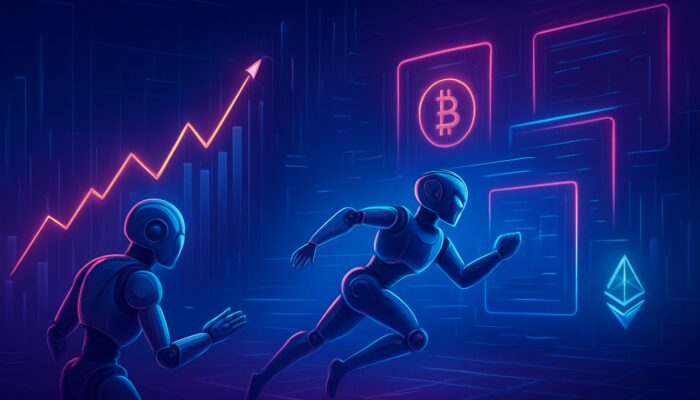 Crypto trading bots analyzing price charts for trends and arbitraging exchanges amid neon graphs and symbols.