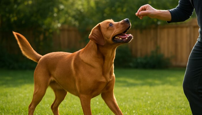 Energetic large dog in sunny backyard, responding to trainer's treat and praise with wagging tail.