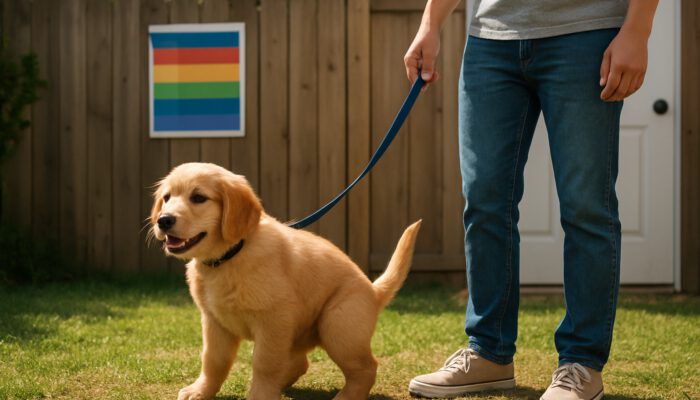 Golden retriever puppy on leash, relieving in sunny backyard with owner and training schedule.