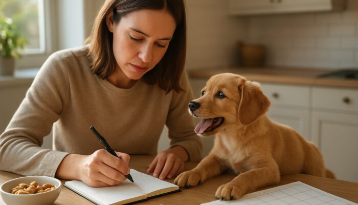Dog owner logging puppy's training schedule in notebook with treats and calendar on sunny table.