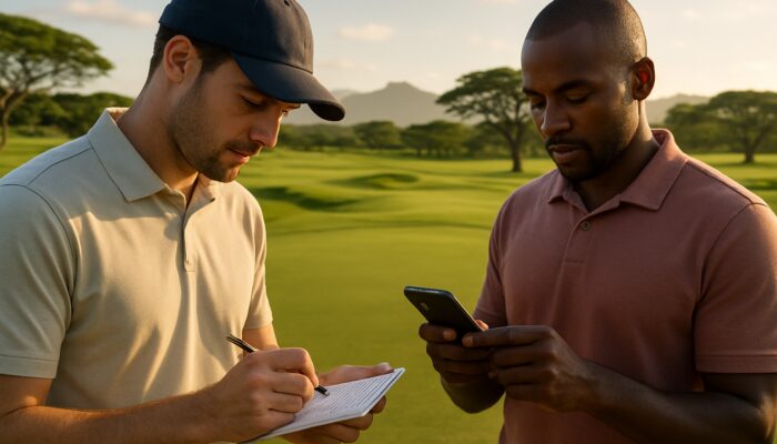 Golfer on sunlit KwaZulu-Natal course scribbles scores on paper scorecard, while another checks smartphone app.