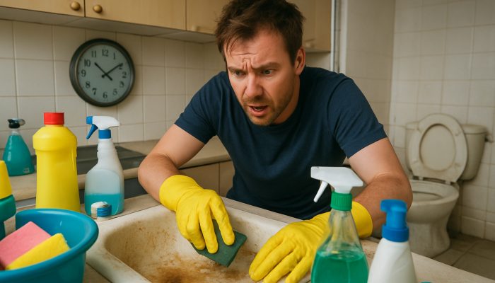 A stressed tenant in the UK frantically scrubbing stubborn stains in a messy kitchen and bathroom, surrounded by cleaning supplies and a ticking clock.