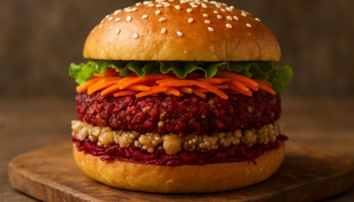 Vibrant plant-based burger patty with lentils, chickpeas, quinoa, carrots, and beetroot on rustic wood.