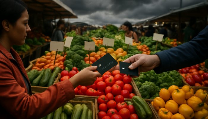 Vibrant market stall with fresh produce, fluctuating prices, and shoppers swiping credit cards amid inflation.