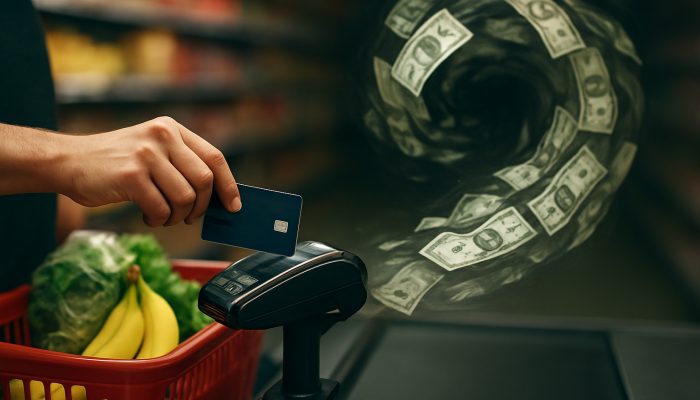 Grocery shopper swipes credit card as swirling dollar bills vanish, symbolizing eroding cash back rewards.