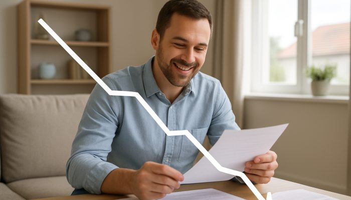 Modern UK home with decreasing debt graph, as satisfied homeowner reviews repayment mortgage documents.