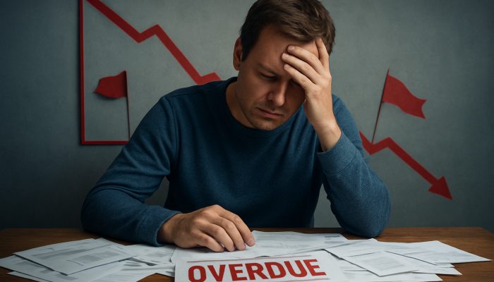 Stressed UK borrower at desk with overdue bills, red flags, and plummeting credit score graph.