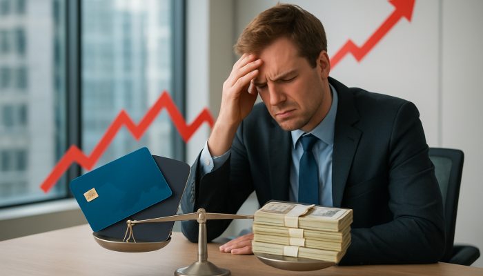 Using a New Loan to Cut Utilisation: Effective Strategies | DCL Stressed financial analyst in London office balances oversized credit cards against shrinking cash, with spiking red graph over 30%.